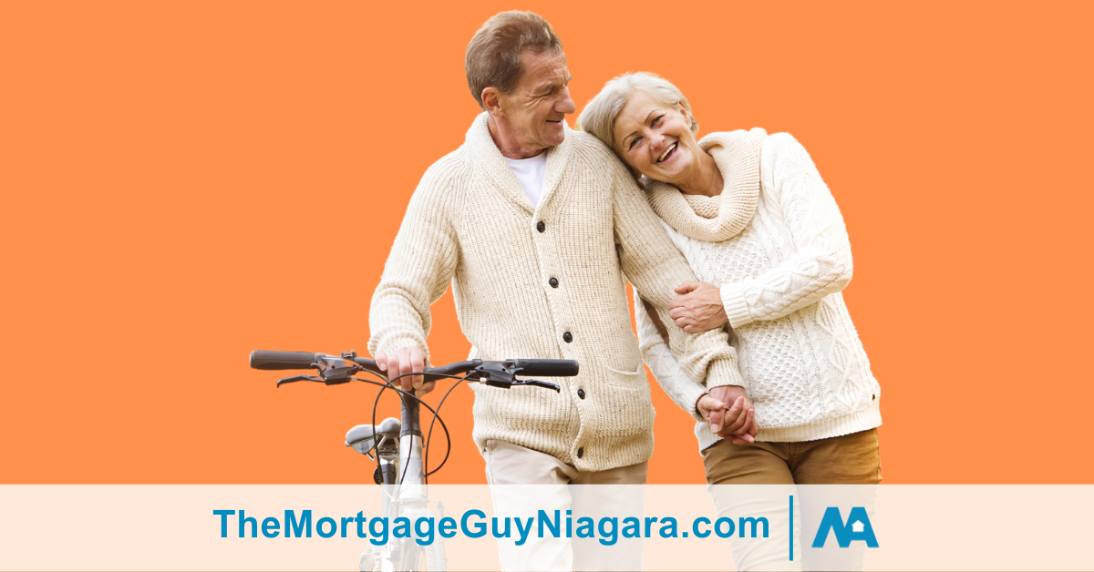 An older couple enjoying a leisurely walk together, arm in arm, with the male companion walking his bike beside them, set against a warm orange background, symbolizing comfort and companionship in their golden years with secure retirement with a reverse mortgages